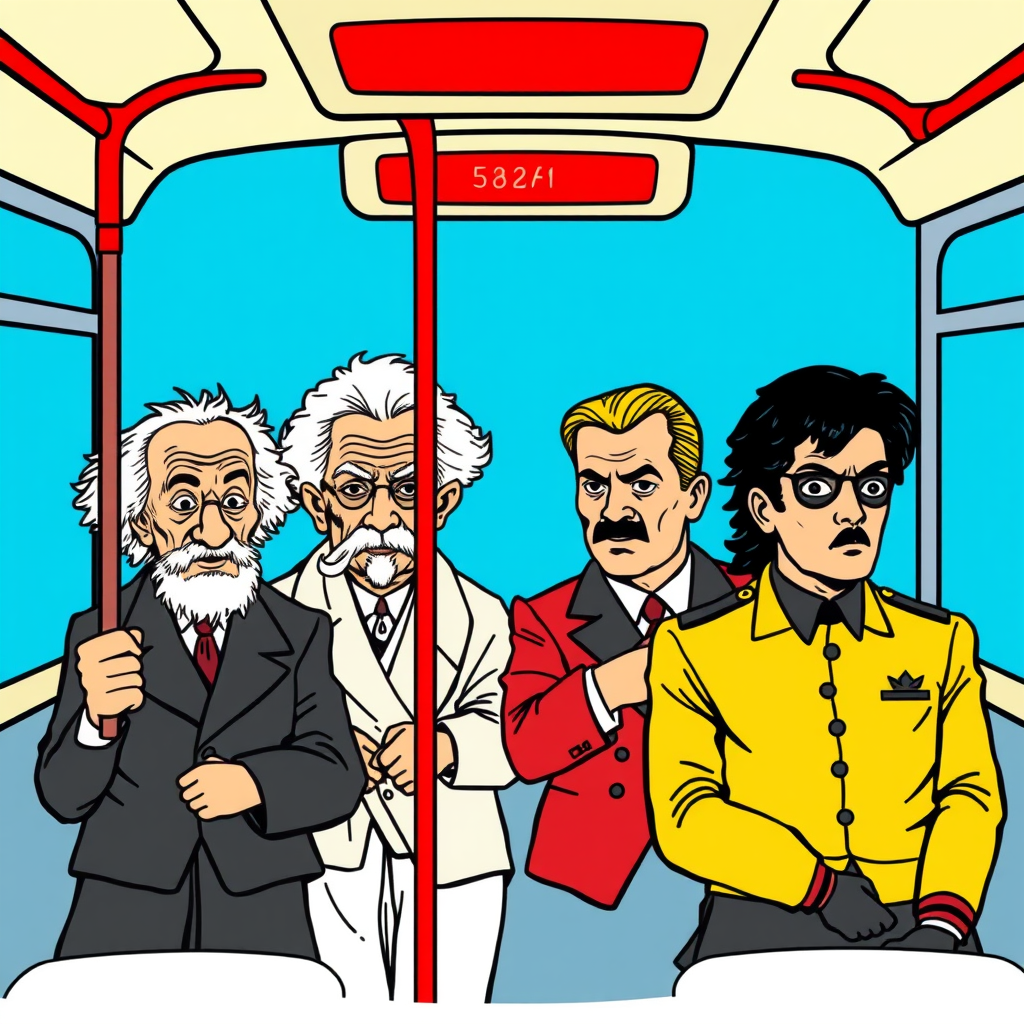 Main art studio: :::writing{variant=“standard” id=“63824”} Einstein, Gandhi, Hitler and Michael Jackson riding a city bus, standing and holding overhead straps, funny