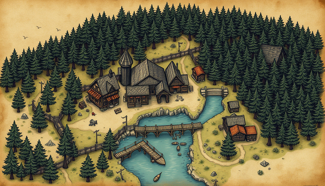 Fantasy Maps idea: fantasy world map, hand-drawn cartography, aged parchment, mountains forests and coastlines, A cozy medieval fantasy village built around a small rive