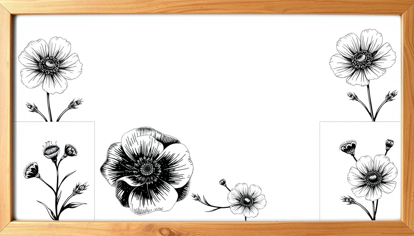 Main art studio: Erstelle 6 KArten mit Rahmen Im Rahmen sind gezeichnete schwarzweiß blumen im Boho Stil eingearbeitet. Die 6 Karten füllen die gesamte DinA4 Seite aus