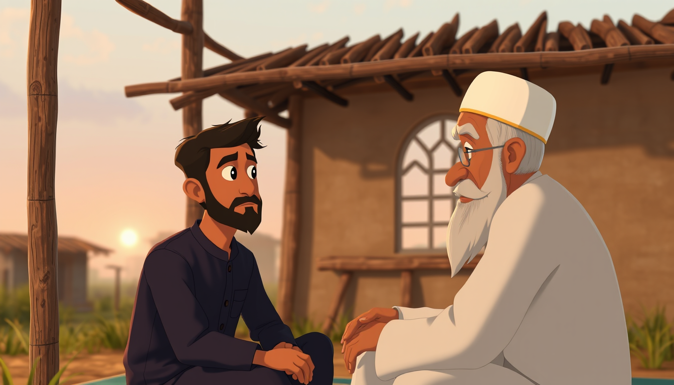 Main art studio: Semi-realistic 3D cartoon, rural Bangladesh before dawn. Rashed, same mature Bangladeshi man with black hair, neat beard and navy-blue panjabi, sits r