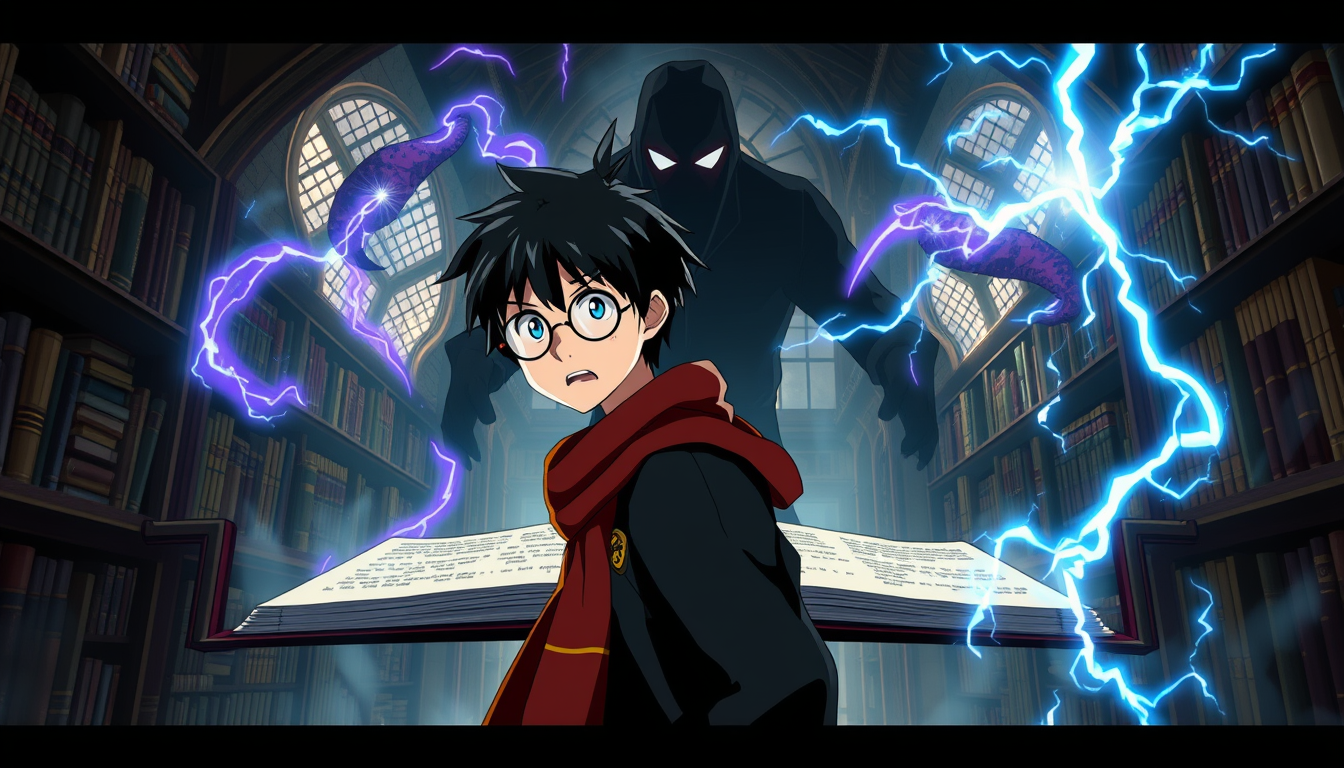 Main art studio: Epic 2D Japanese anime movie scene inside the Hogwarts library, Harry Potter with messy black hair, round glasses and red gold Gryffindor scarf steps 