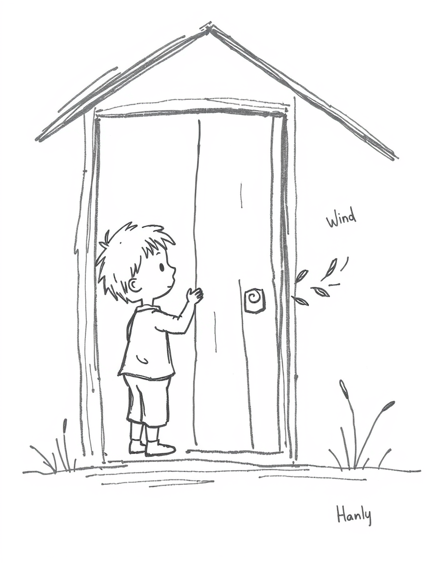 Main art studio: Black and white pencil sketch, simple childlike hand-drawn style. A little boy stands inside a cozy house, gently holding a closed wooden door. Outsid