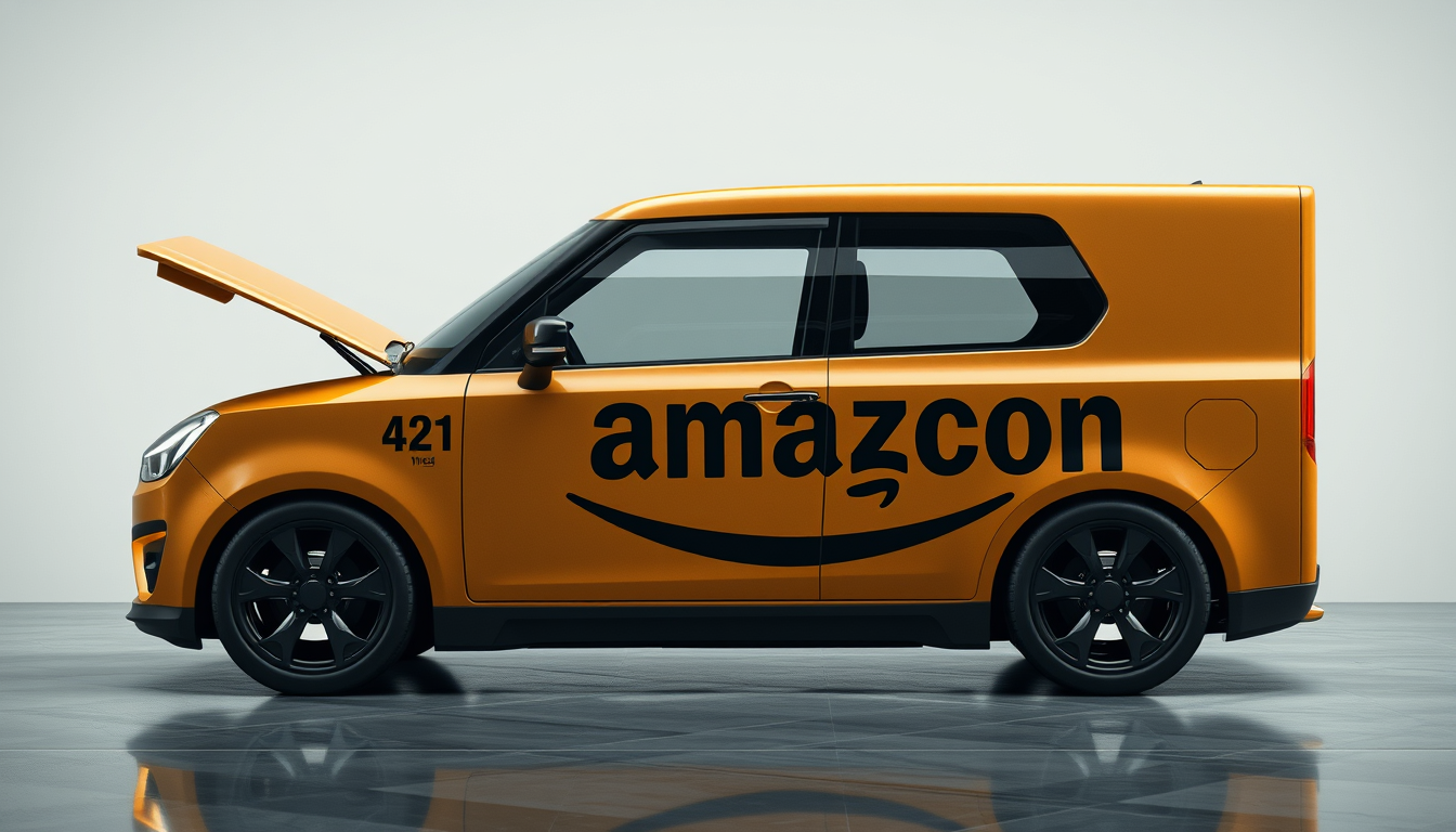 Car idea: original fictional vehicle concept, coherent body proportions and material language, make a car that looks like an amazon box but IS A CAR (make it a
