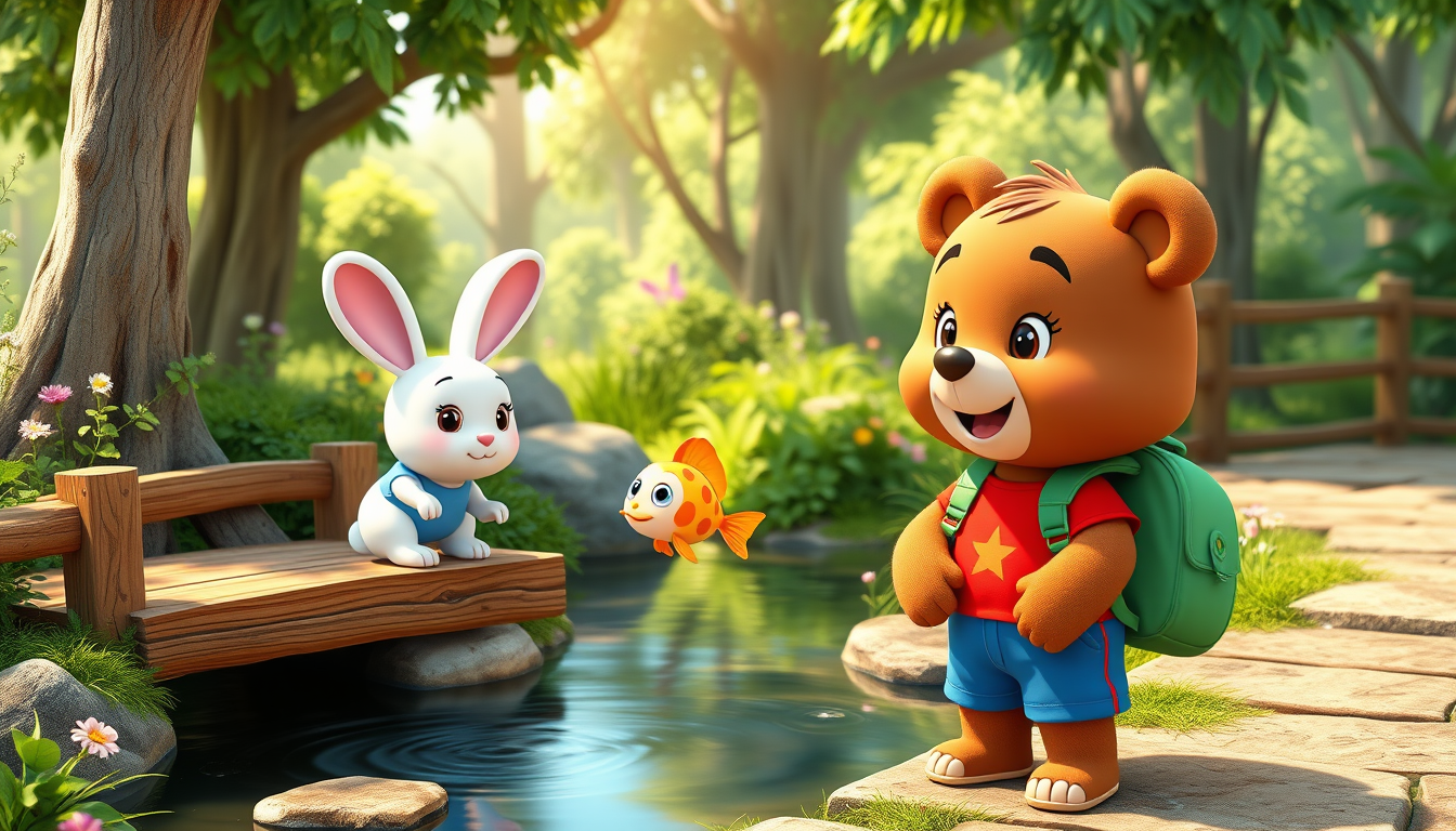 Main art studio: 3D animated children's cartoon. Bruno, a cute brown bear wearing a red T-shirt, blue shorts, and green backpack, stands beside Benny, a small white ra