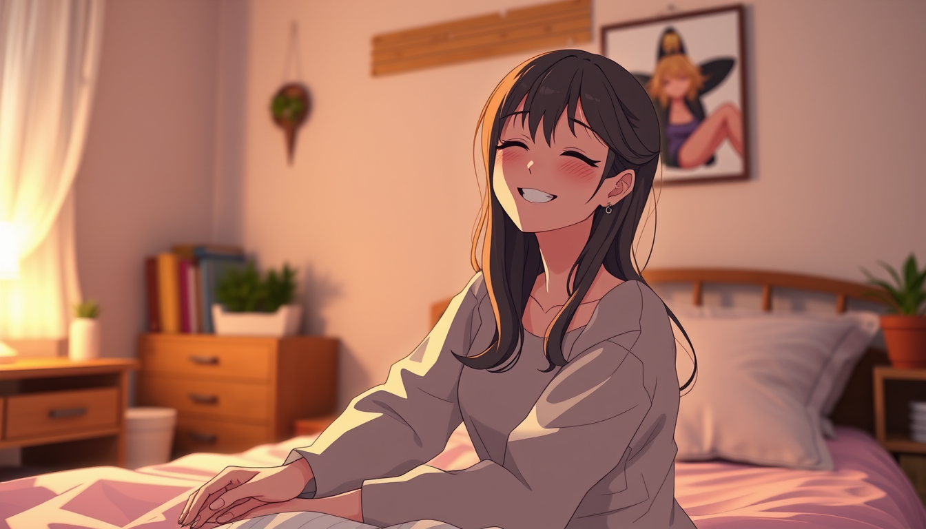 Main art studio: A teen in her 18 years beautiful girl smiling so brightly setting in her room on her bed with a right her doing a pose while she is closing her eyes a