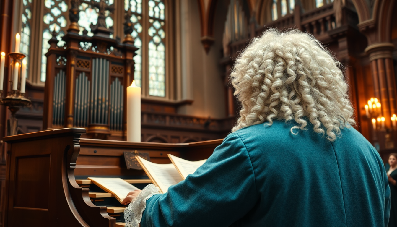 AI Art prompt example created from the prompt: Johann Sebastian Bach, around 55 years old, playing the grand organ in St. Thomas Church in Leipzig. He is seen from behind, wearing a turqu