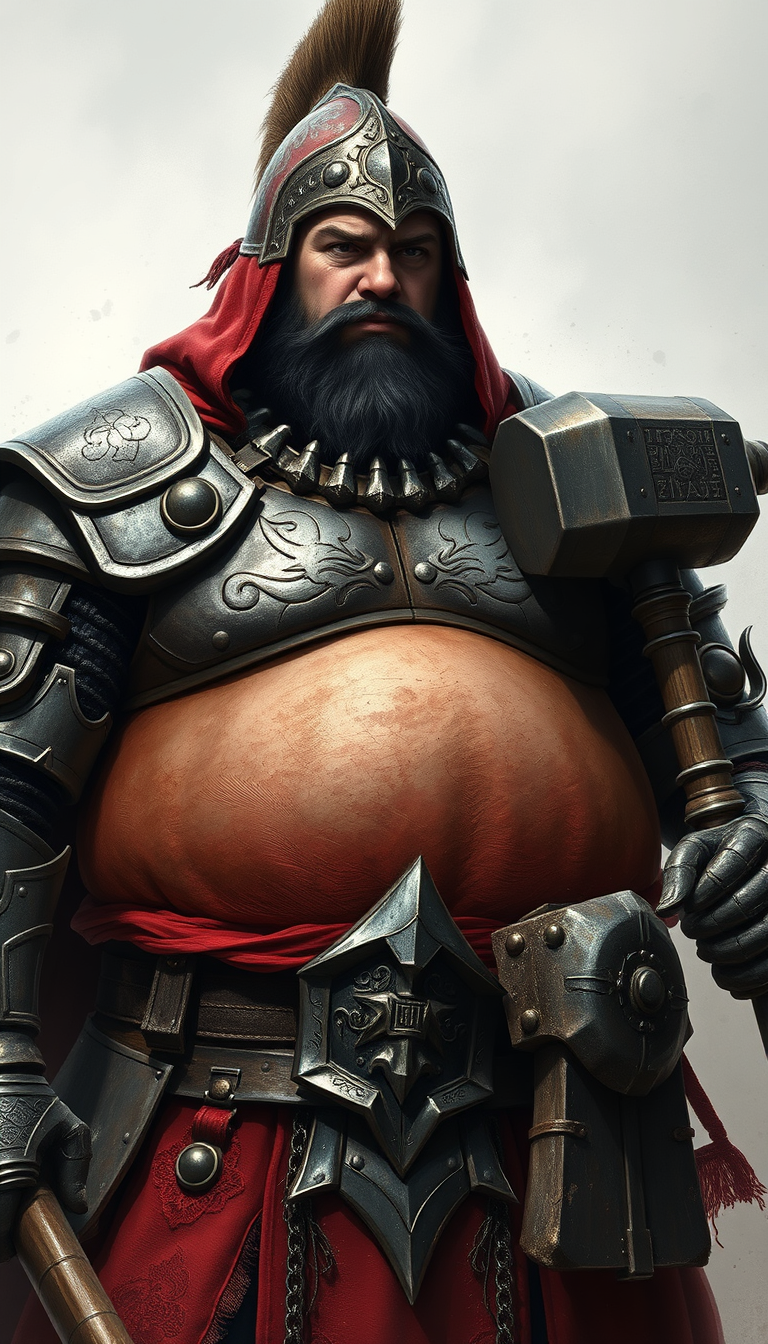 Main art studio: adult male, black hair, fat belly warrior fat belly out of iron armor, wearing war hood, dark iron armor with red linen armor design, holding a hammer