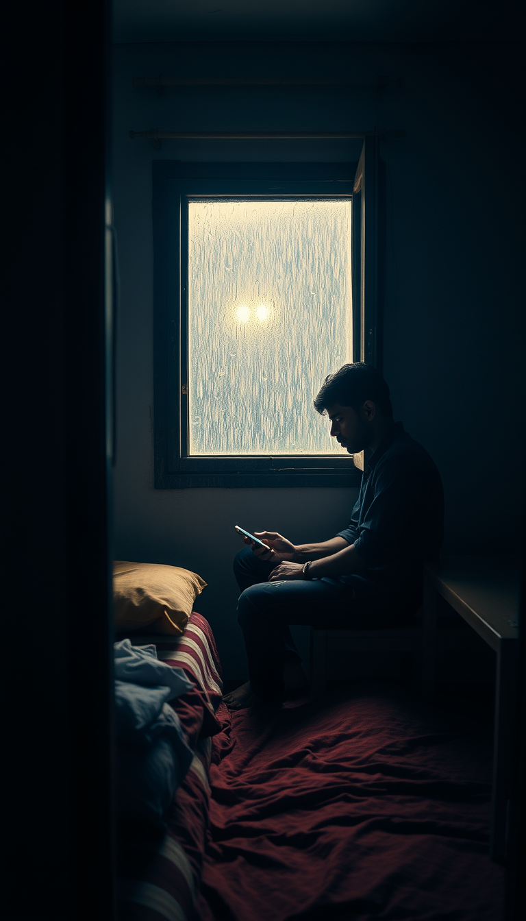 Main art studio: The same 23-year-old Sri Lankan man Kavindu from the reference image, alone inside a small old boarding house bedroom at 11:47 PM, sitting on the edge