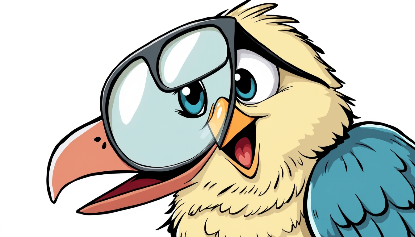 Main art studio: Ein freundlicher Vogel im Comic-Stil mit Brille, der ganze Vogel ist zu sehen, der Hintergrund ist weiß