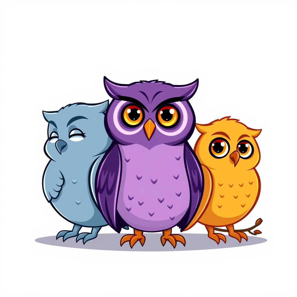 Main art studio: Modern university study app mascot logo. Exactly three charming owls side by side. Left: blue-gray, shy and gentle, looking slightly up-left with a ba