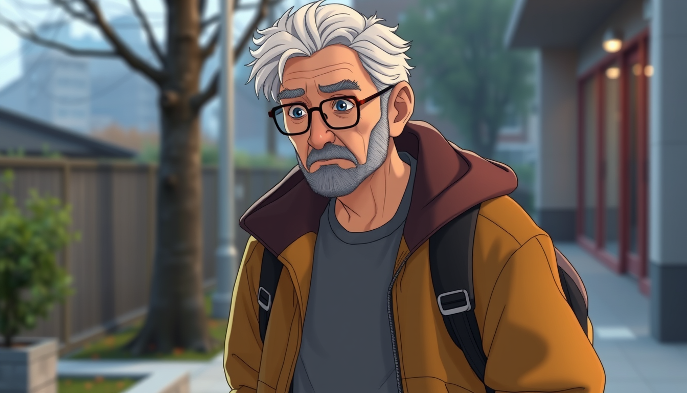 AI Art prompt example created from the prompt: older guy, casual campus clothing, slightly tired appearance, understated style like 2d japanese animation.
