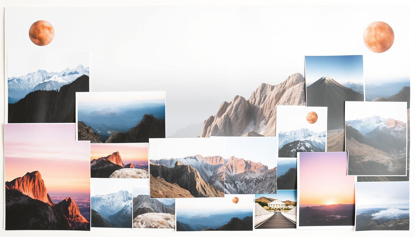 Vision Board idea: vision board collage, aspirational images, organized mood board layout, magazine cutout style, Dents , cohesive goal board artwork, clean collage comp