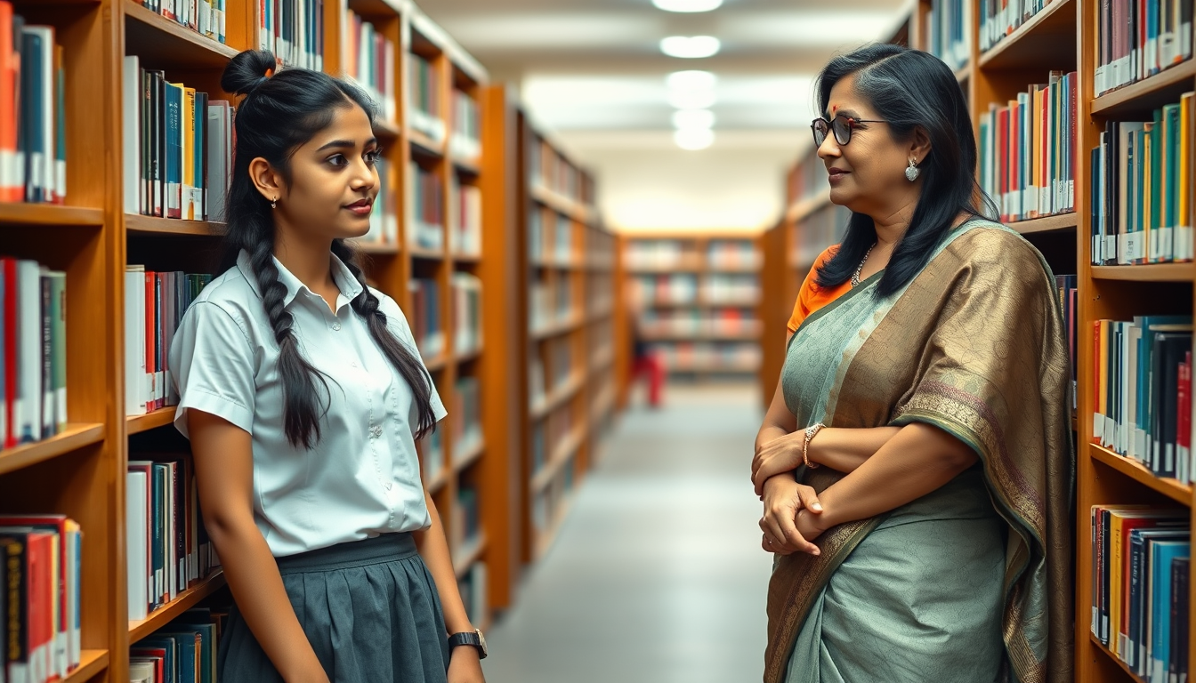 Main art studio: Landscape image of a 18-year-old indian female high school student with age appropriate proportions in modest shirt skirt school uniform and beautiful