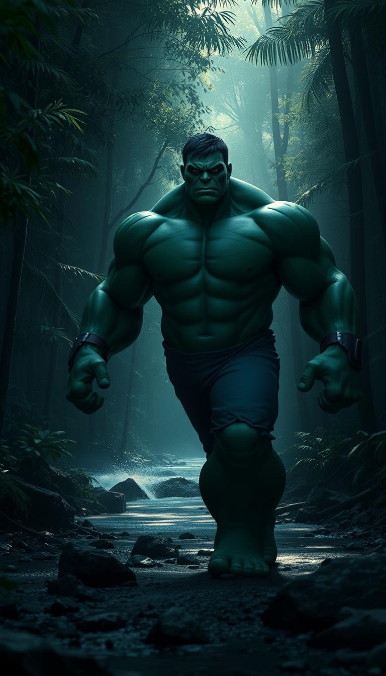Main art studio: Ultra realistic 3D Hulk walking alone through a dense dark forest, giant trees, river crossing, dangerous jungle path, Hulk with determined face, adve