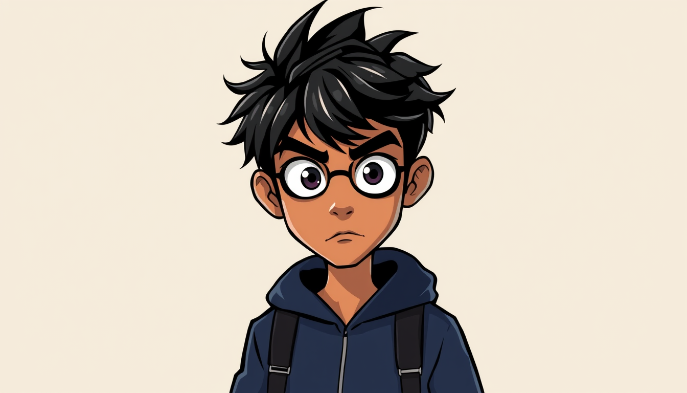 Main art studio: unique Indian teenage cartoon detective, expressive large eyes, black messy hair, dark blue hoodie, mysterious expression, stylized 2D YouTube cartoon
