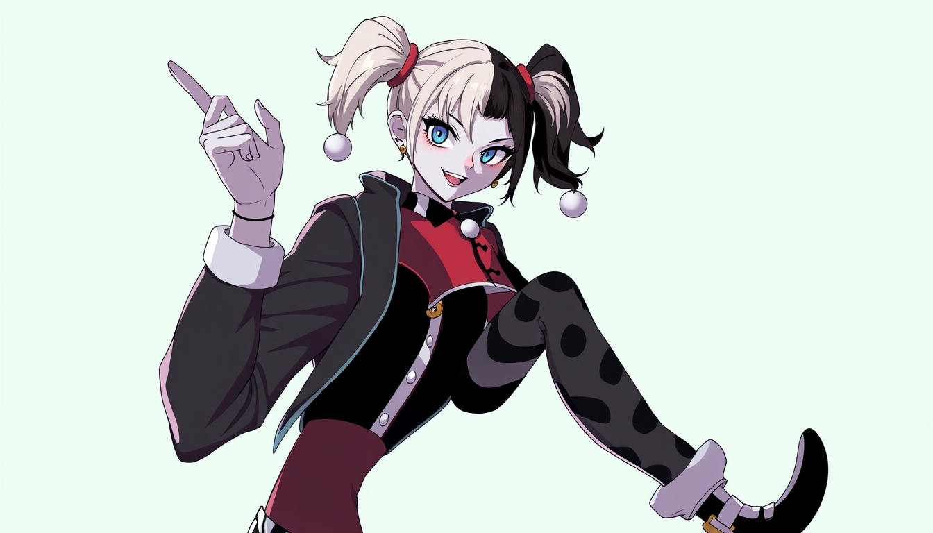 Character idea created from the prompt: an original character defined by silhouette, role, outfit, palette, and expression, deliberate composition, A harley quinn inspired characte