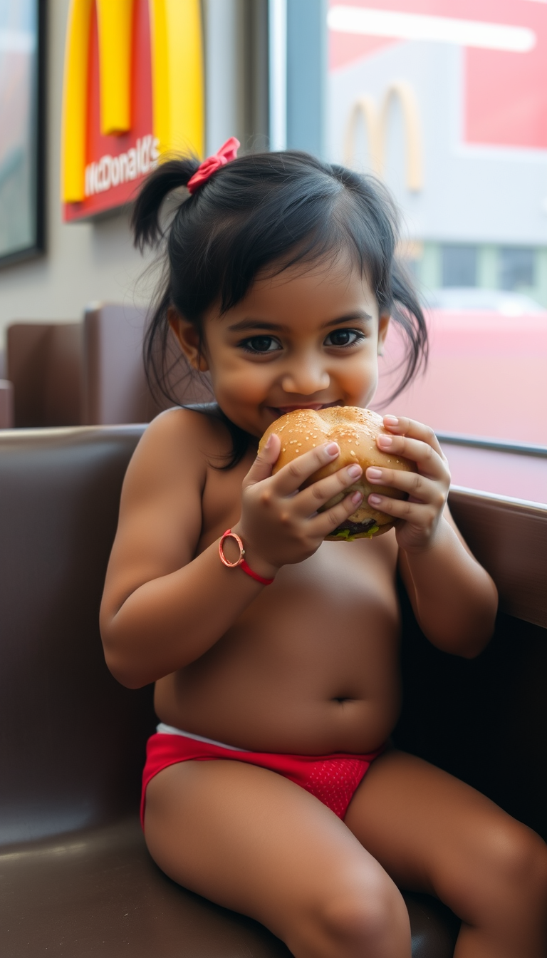 Main art studio: little indian girl wearing only underwear sitting in a mcdonalds smiling eating a burger