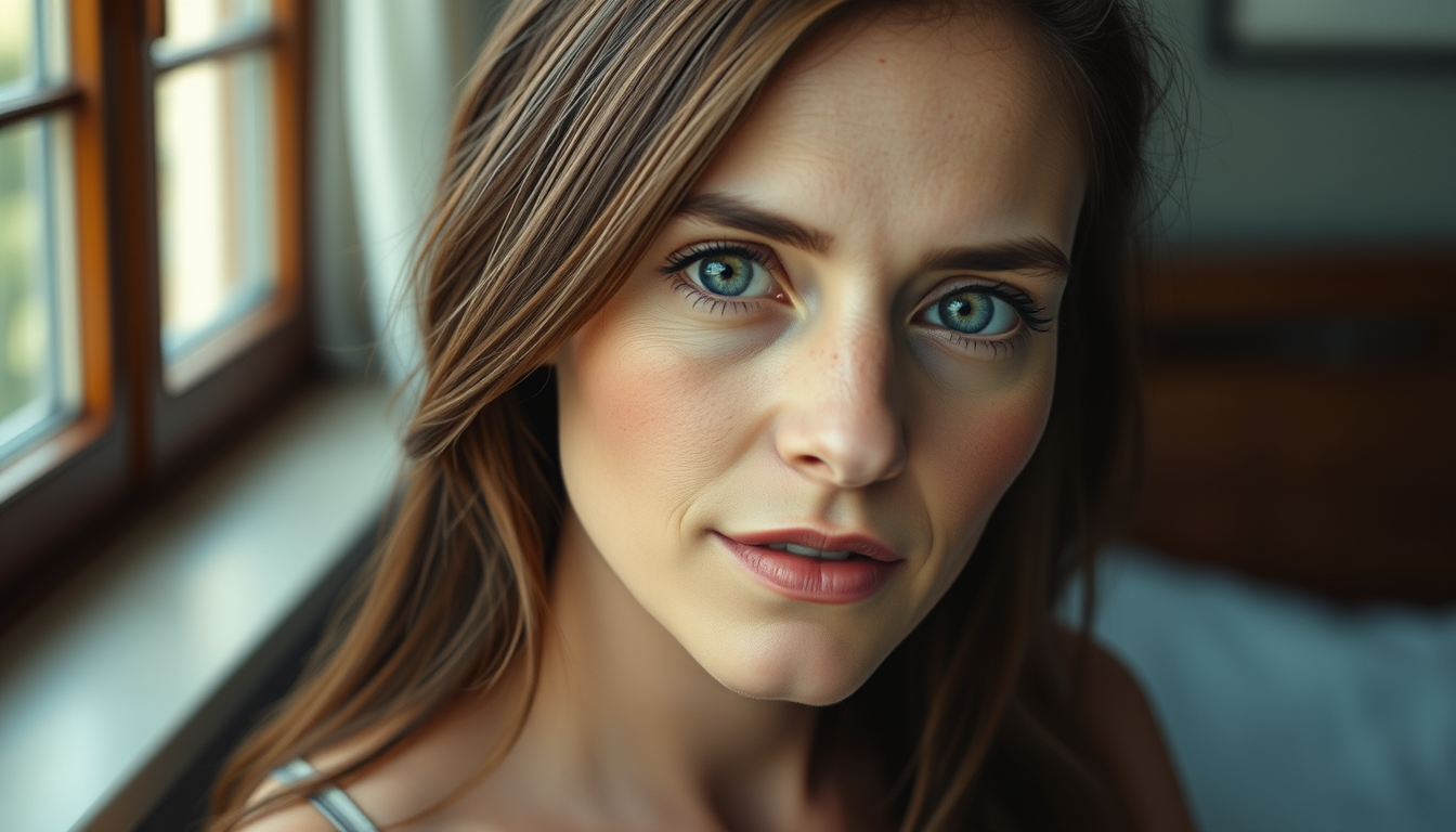 Main art studio: Photorealistic portrait of a fictional adult woman, 25 years old, natural facial asymmetry, realistic skin texture, subtle imperfections, natural hair
