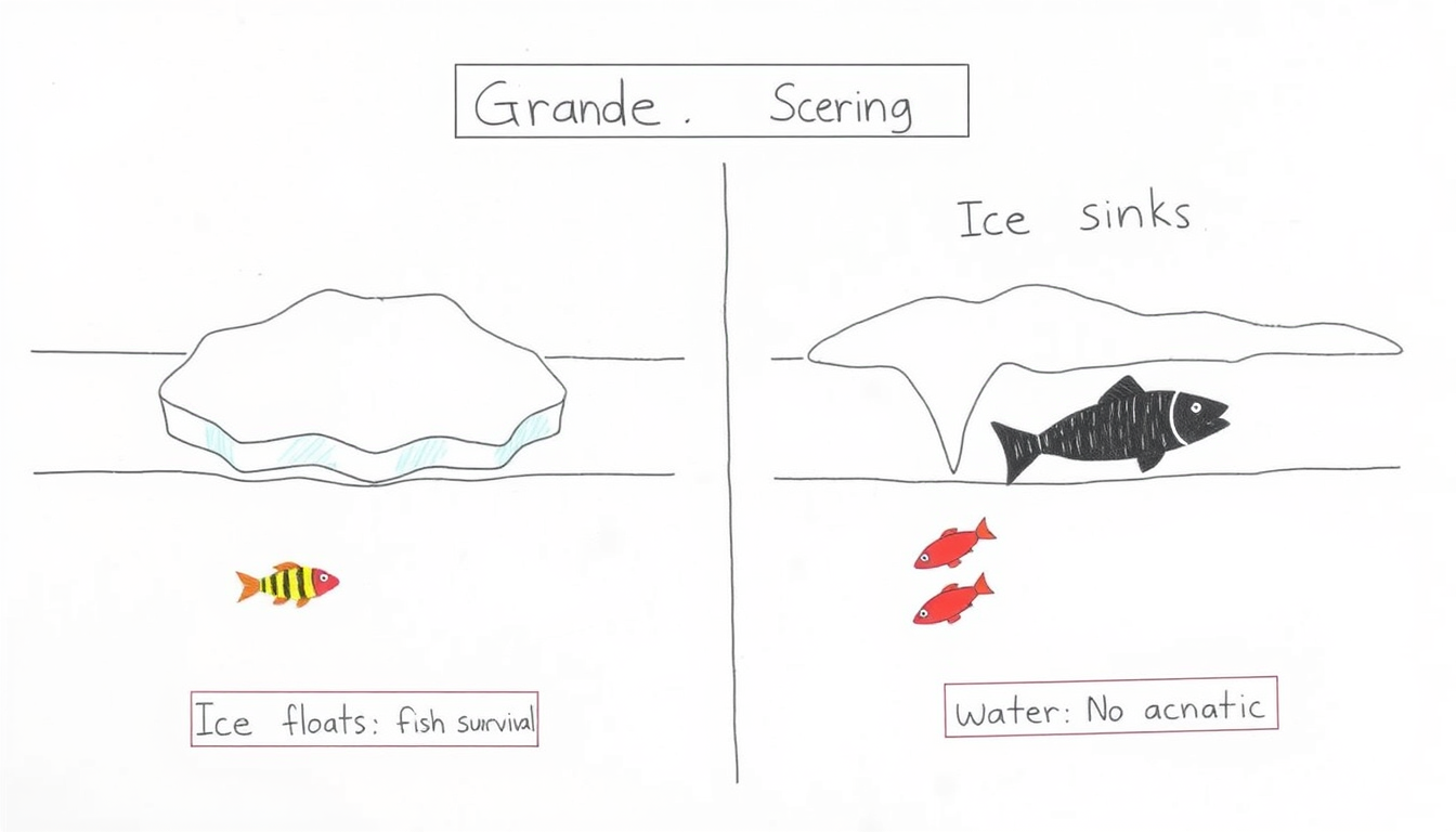 Main art studio: Simple Grade 6 science diagram, two scenes. Scene 1: ice floating on a lake with fish safely below. Label “Ice floats” and “Fish survive”. Scene 2: ic