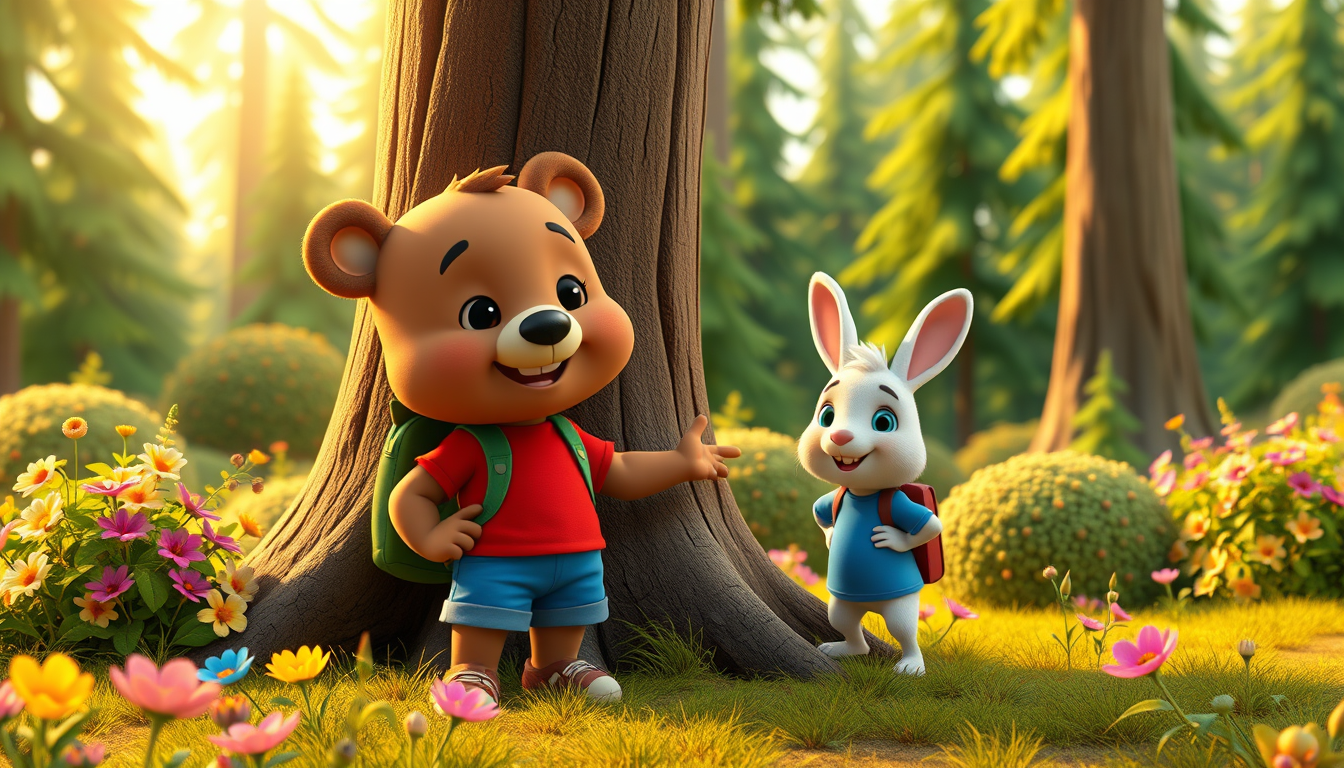 Main art studio: 3D animated children's cartoon. Bruno, a cute brown bear wearing a red T-shirt, blue shorts, and green backpack, discovers Benny, a small white rabbit