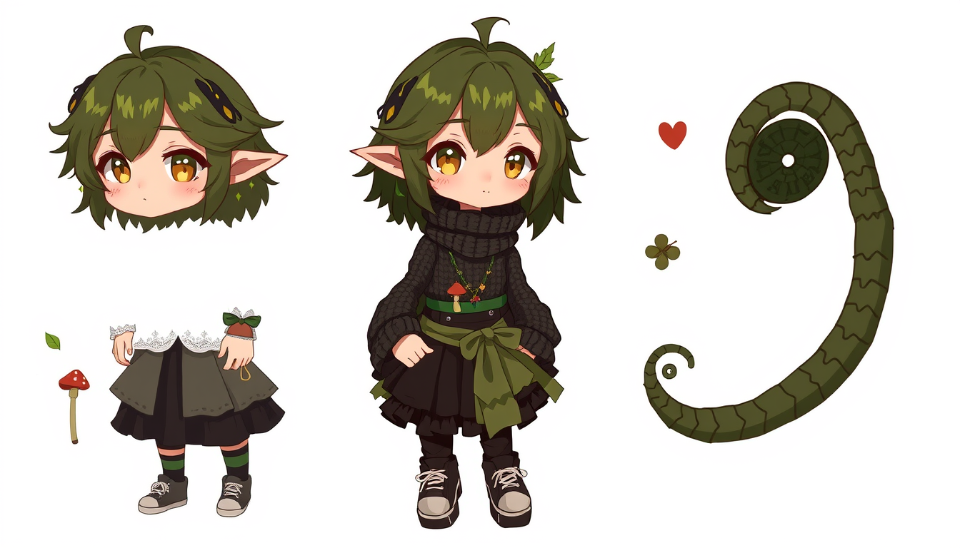 VTuber idea: vtuber avatar character, anime style, expressive face, streaming-ready design, Diseño de personaje VTuber 2D — Guardiana del bosque goblincore Create