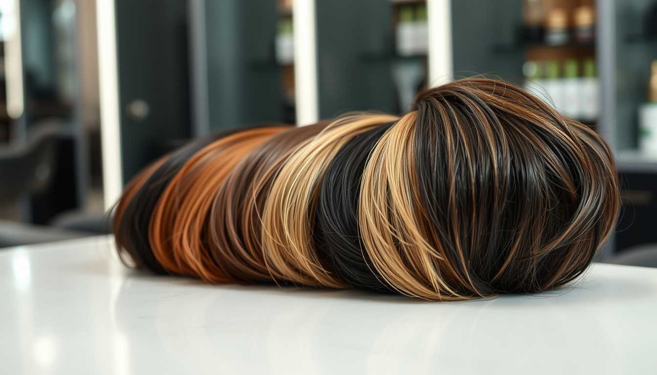 Main art studio: Photo macro réaliste de fibres capillaires cosmétiques dans plusieurs nuances de brun et de noir, placées à côté d’une chevelure masculine, comparaiso