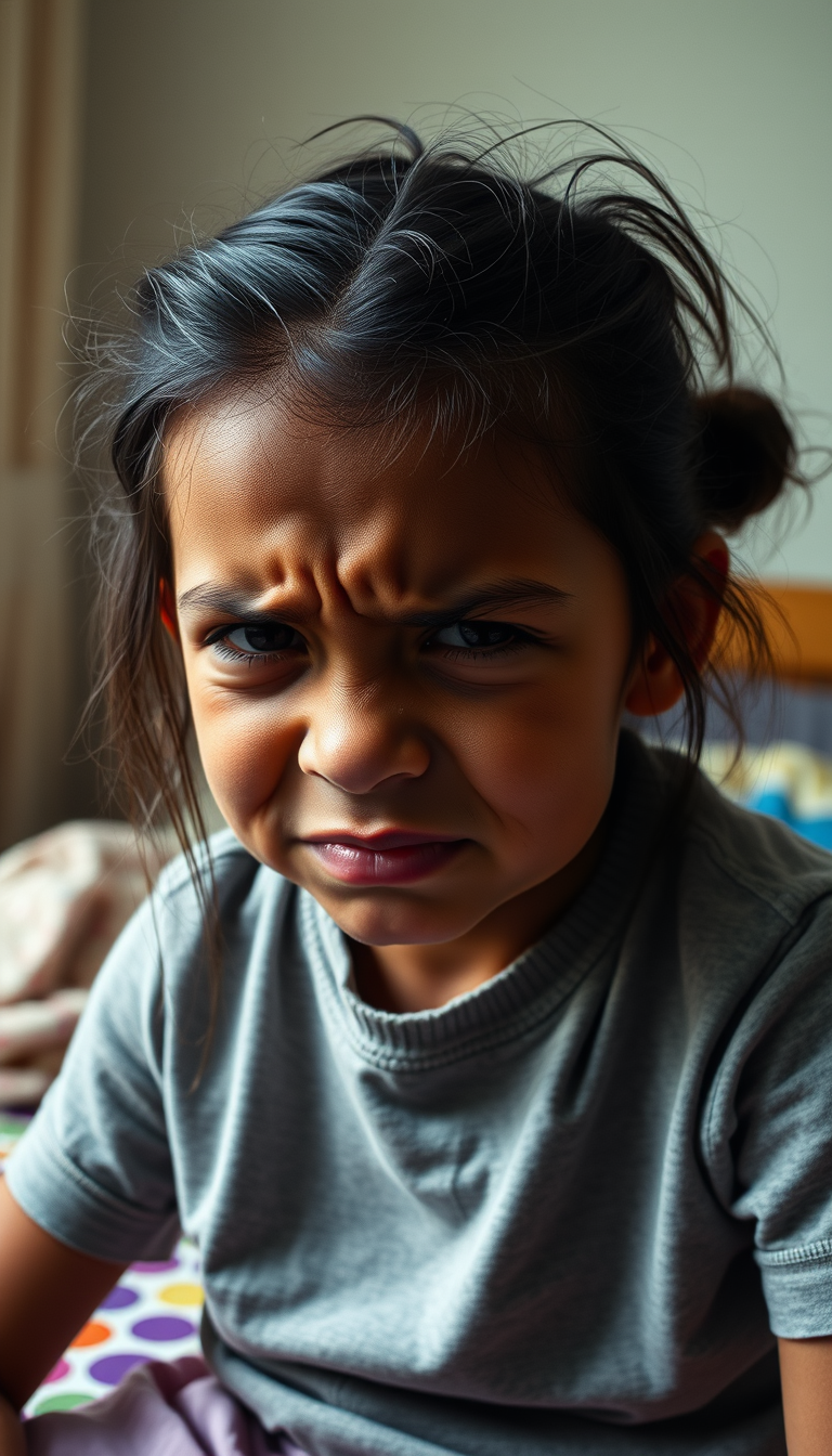 Main art studio: dark tanned 10 year old with girl dark brown hair sitting in a bedroom, head tilted down, very angry wrinkling face of many tiny wrinkles, wrinkled fa