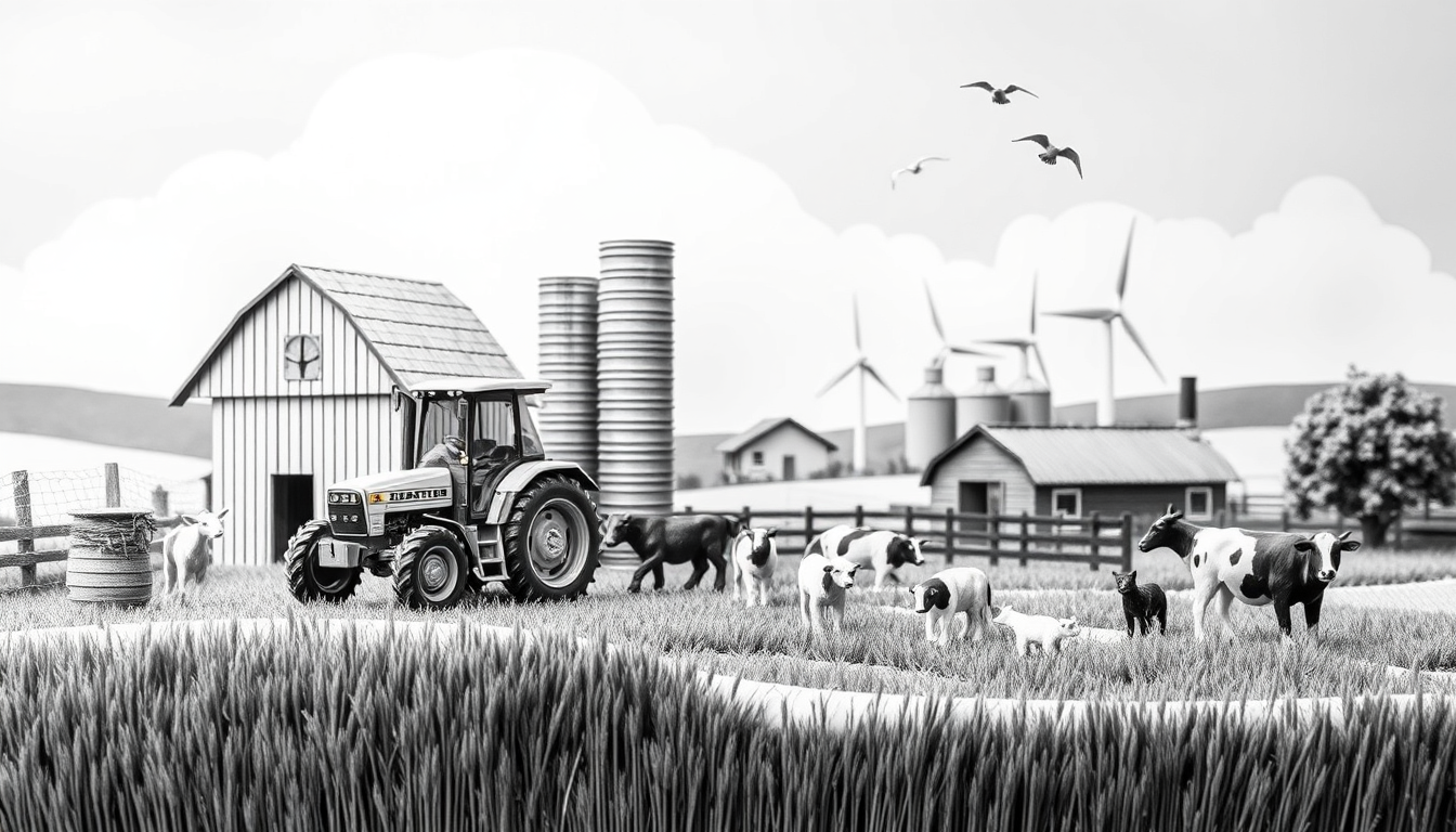 Main art studio: Maak een zwart-witte potloodtekening van een handgemaakt boerderij-diorama. Een klein landelijk tafereel met een tractor, zwart-witte koeien achter ee