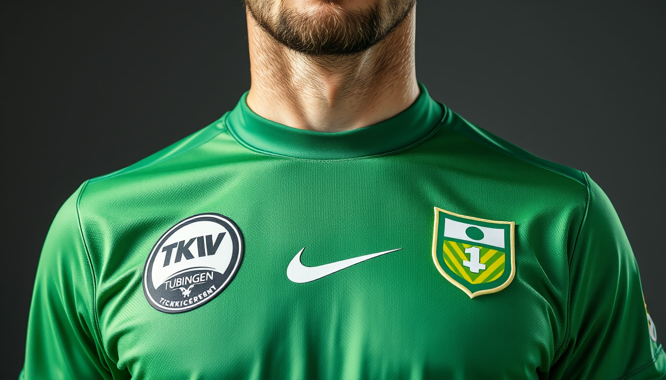 Main art studio: Erstelle ein Trikot von einem Tischkickerverein in grünen Farbtönen links auf der Brust ein Logo mit TKV Tübingen rechts ein Nikezeichen und zentral e