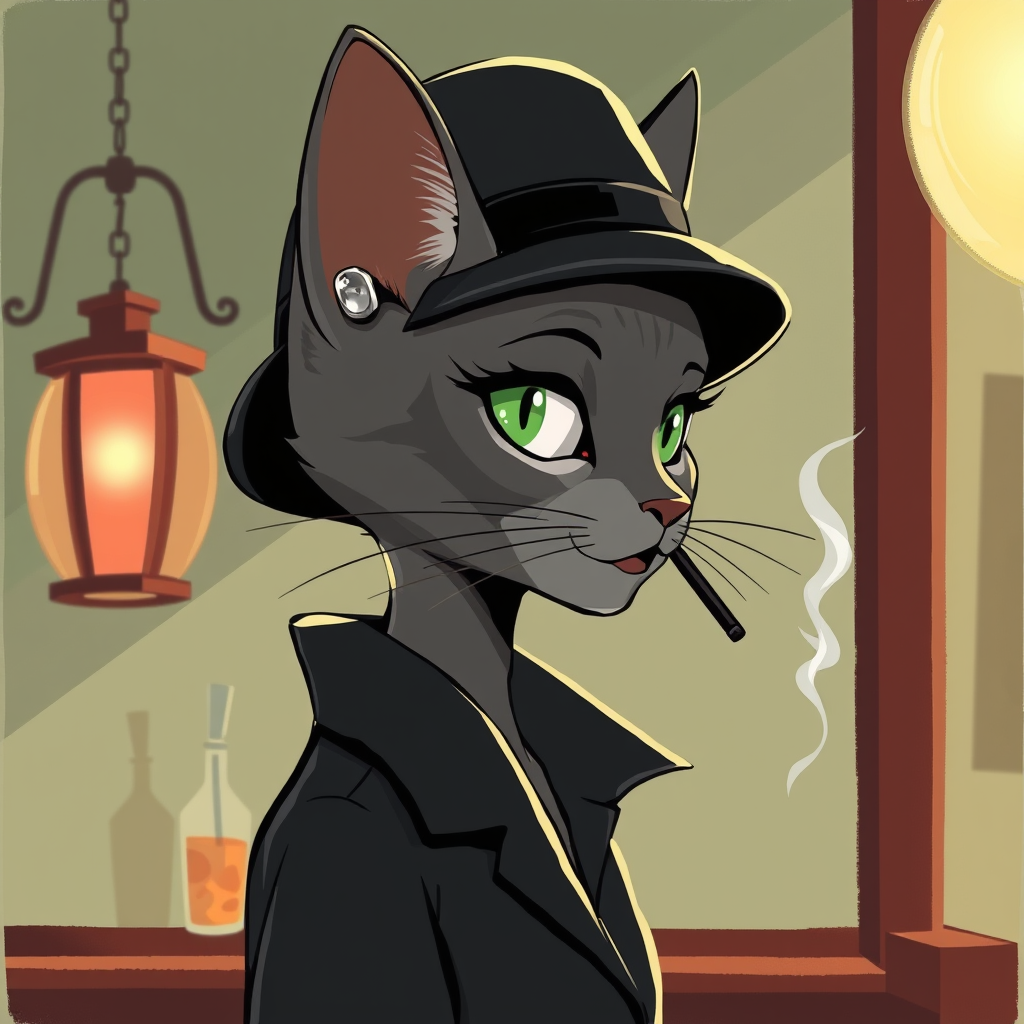 Main art studio: Image de profil. Style dessin. Chatte grise aux yeux verts émeraude, silhouette fine et gracieuse. Porte un imperméable noir cintré et un chapeau cloc