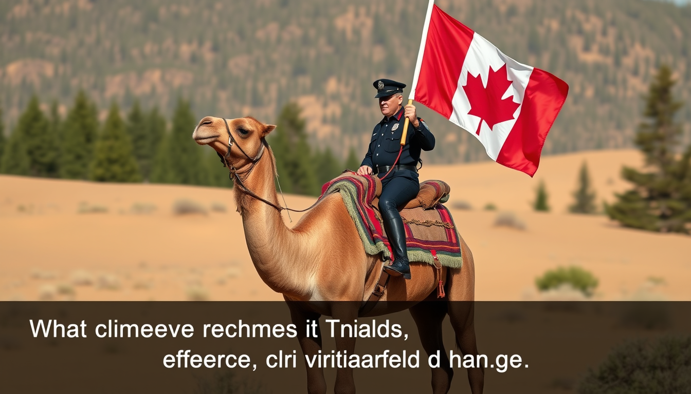 Main art studio: a canadian mounted policeman sitting on a camel holding the canadian flag in one hand, in a desert ,surrounded by western redcedar, douglas-fir and si