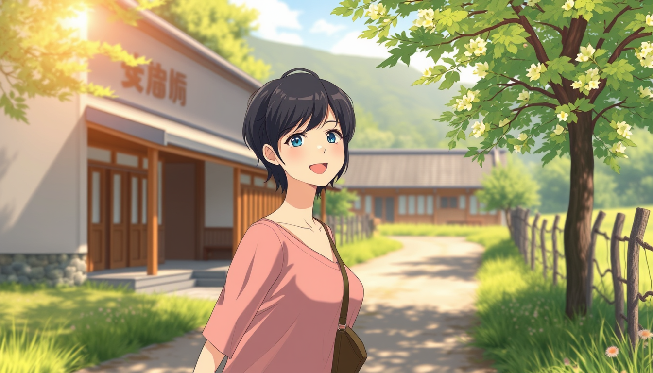Main art studio: A cinematic illustration of a peaceful summer afternoon in rural Japan. A cheerful adult woman with short dark hair is walking along a quiet countrysi