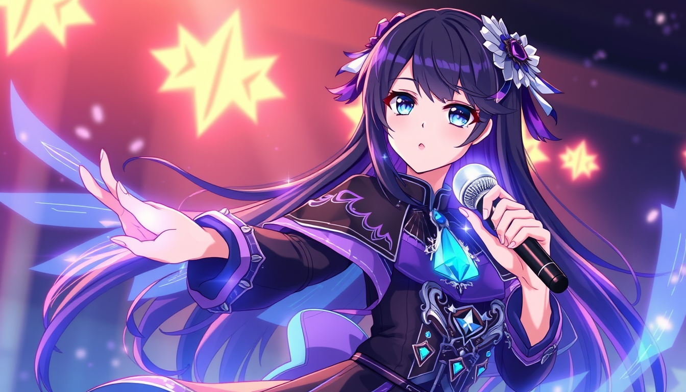 Characters idea: original character design, detailed outfit and accessories, expressive personality, Masterpiece, best quality, original anime heroine, female singer,