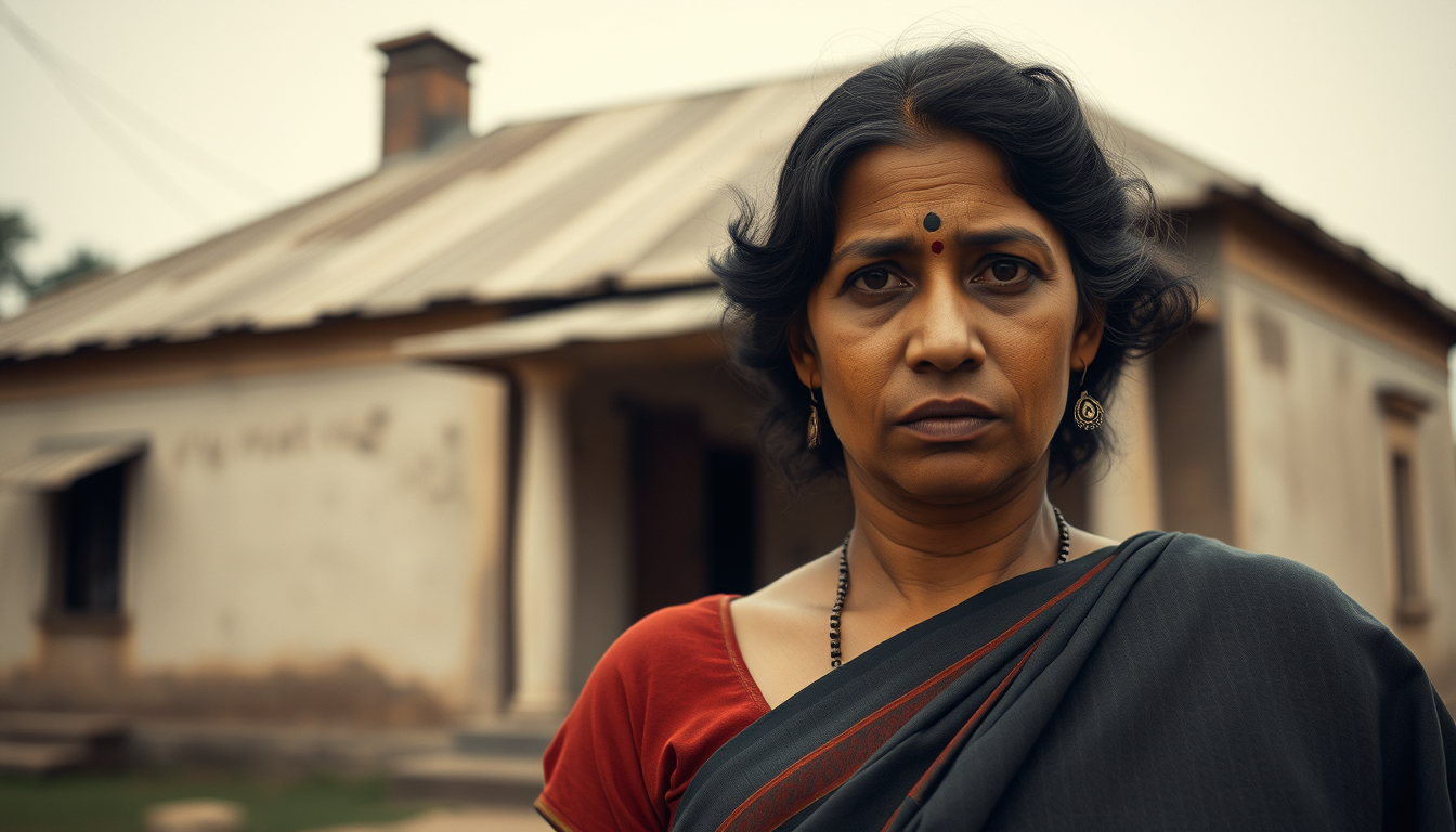 Main art studio: Photorealistic historical portrait of Neera Arya, Indian woman freedom fighter from the 1940s, wearing a simple traditional Indian saree, determined e