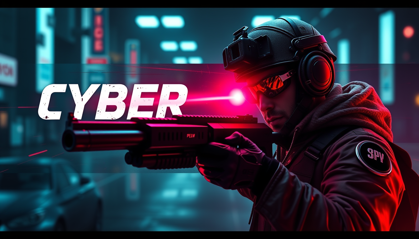 YouTube Banners idea: youtube channel banner, wide 16:9 composition, bold branding graphics, Make the image have cyberpunk in it with a military person with a pew pew , cha