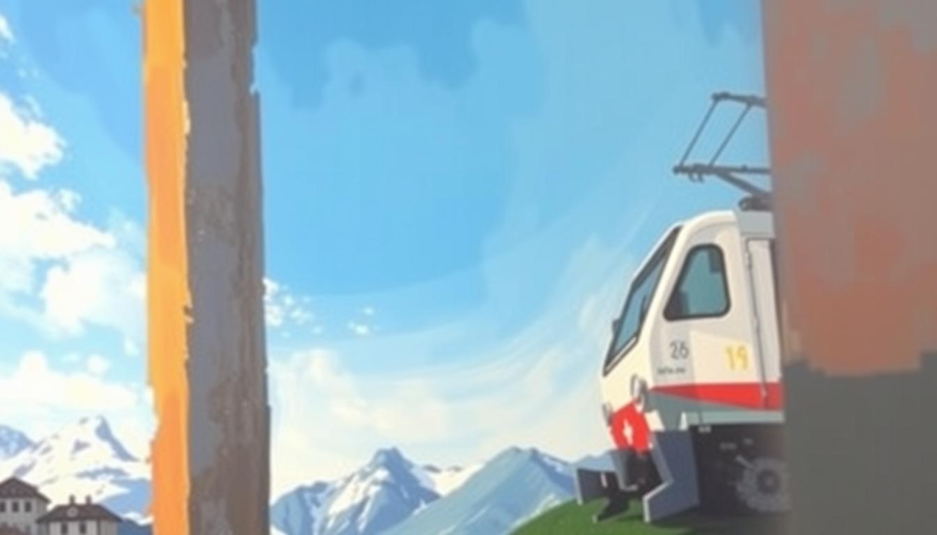 Main art studio: swiss train painting with abstract blue sky background