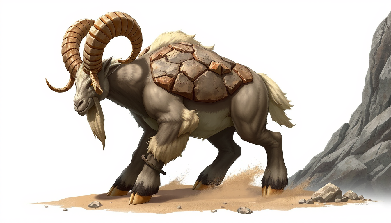Main art studio: Original creature design for a monster-catching RPG. Pyarth, a Ground/Rock type fully evolved Pyrenean mountain goat. Large, muscular body, thick crea