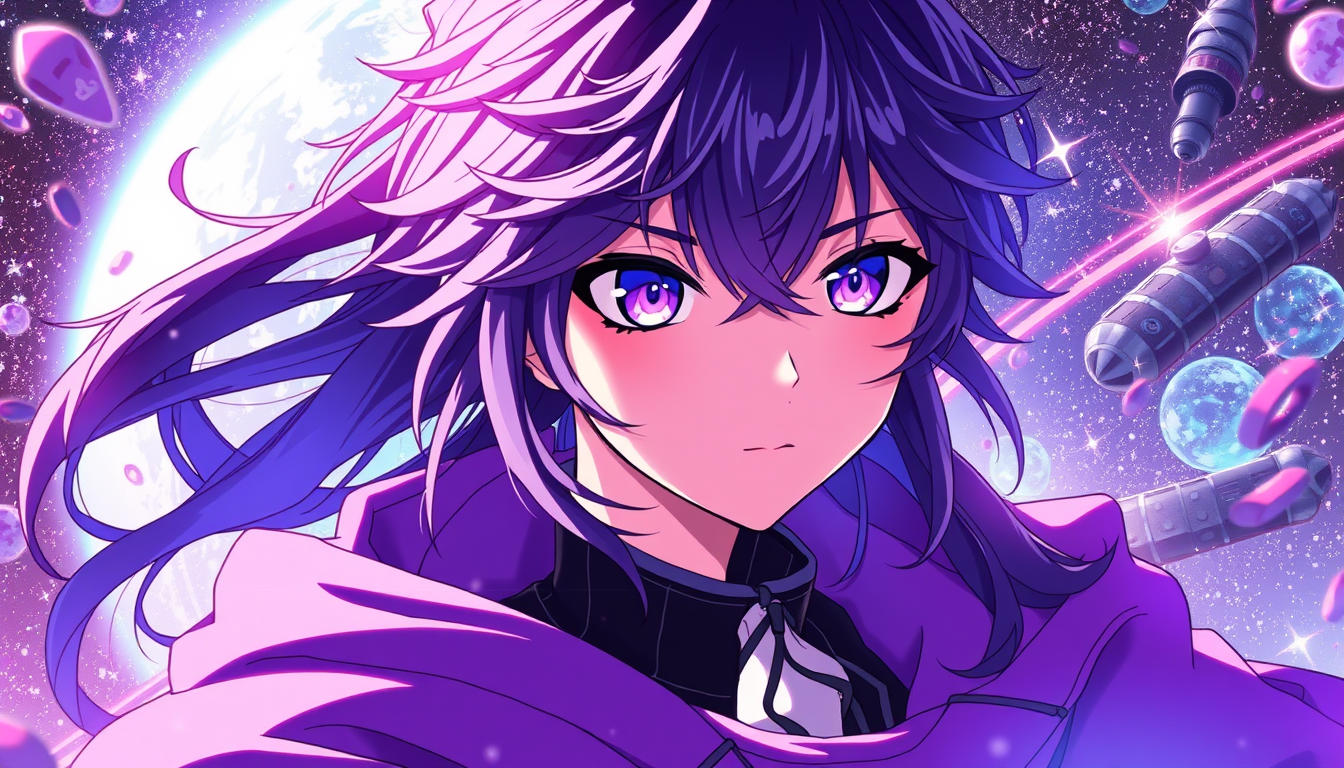 Anime idea: anime style, vibrant colors, expressive eyes, Eine Domain Expansion erstelle eine Sphäre im Jjk Stil mit einem Weltall und einem schwarz lila farbsche