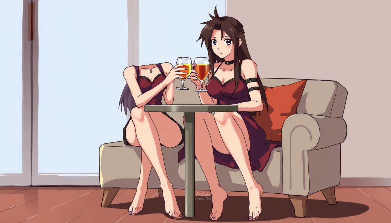 Main art studio: Crée une image de Tifa et Aerith (de FFVII) buvant un verre ensemble, assises sur un canapé, pieds nus