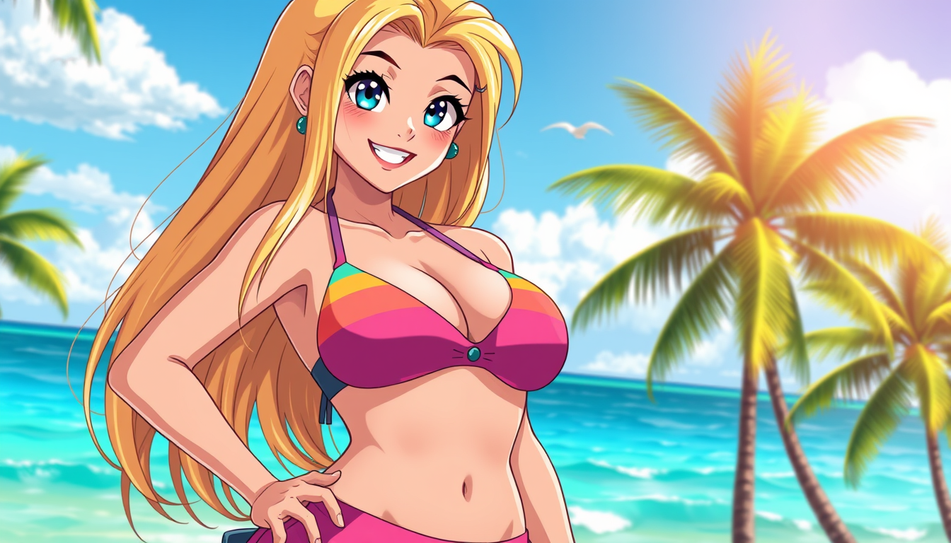 Anime idea created from the prompt: anime style, vibrant colors, expressive eyes, high quality detailed anime illustration, cute 20-year-old adult woman, long blonde hair, blue