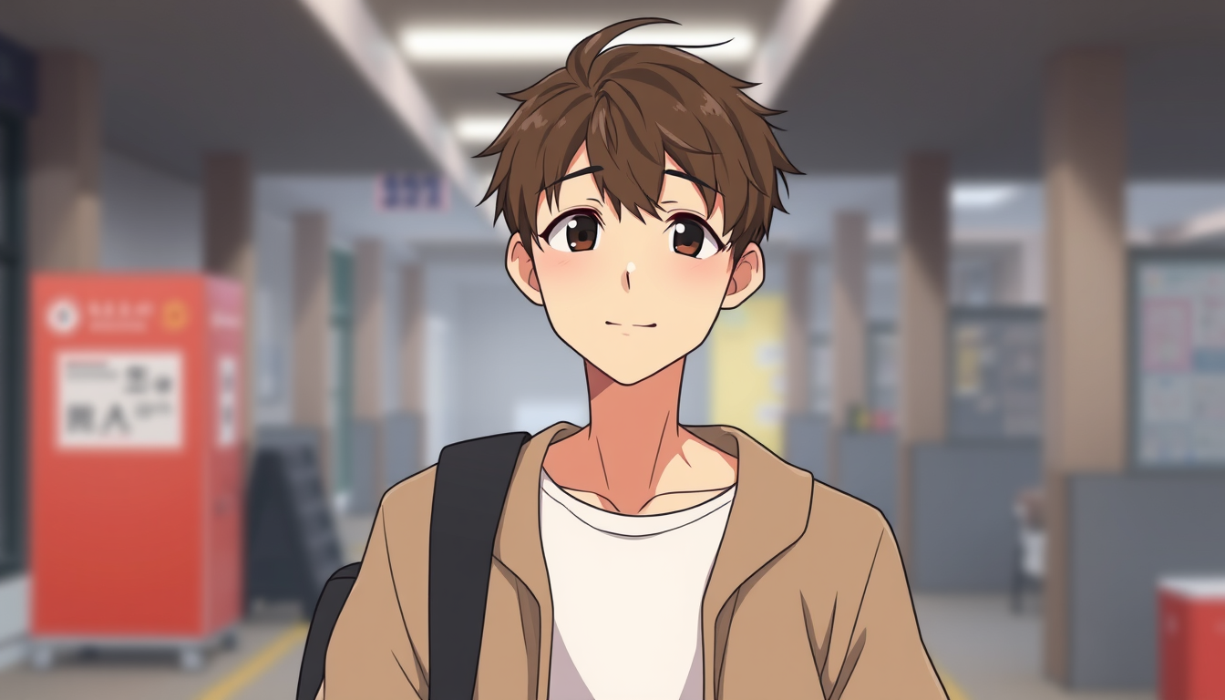 AI Art prompt example created from the prompt: adult guy, casual campus clothing, slightly tired appearance, understated style like 2d japanese animation.