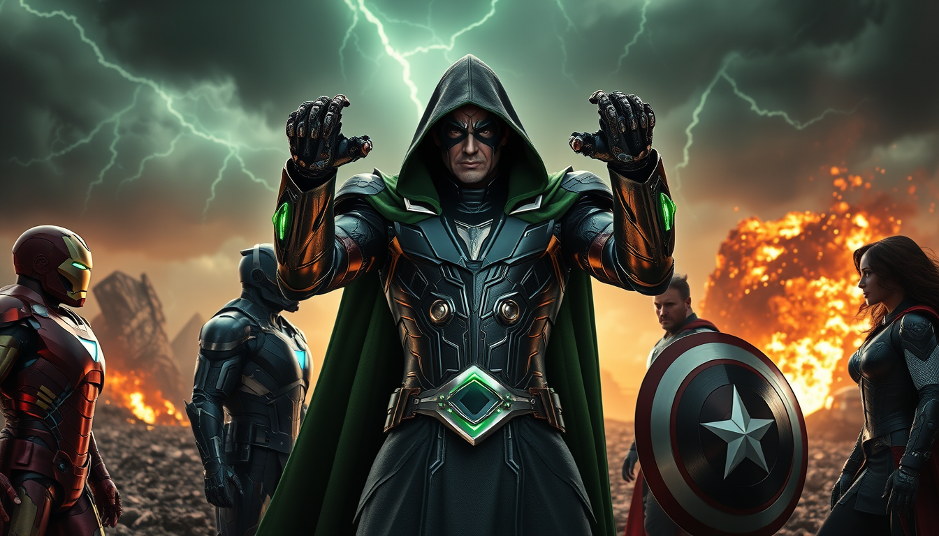 AI Art prompt example created from the prompt: Cinematic, ultra-detailed 4K/8K shot of Victor Von Doom triumphantly centered in a devastated superhero battleground. His dark green hooded