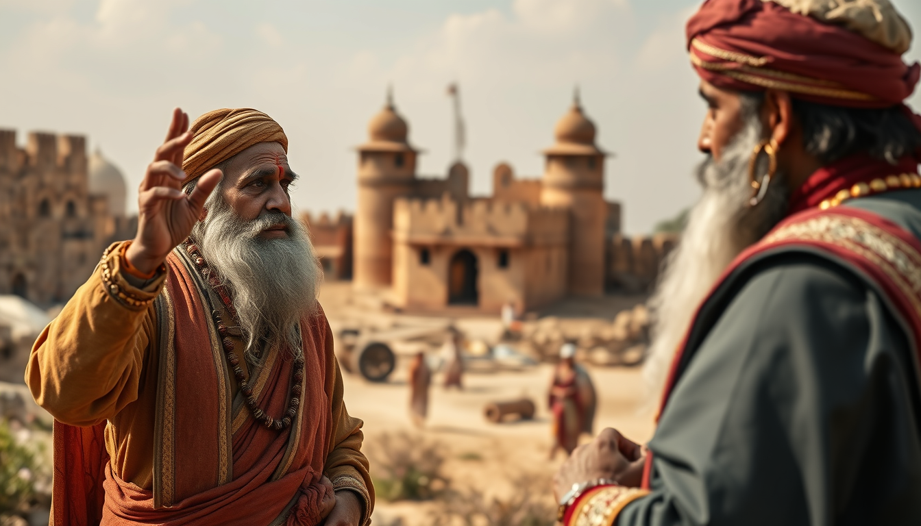 Main art studio: Baba Balunath explaining a serious condition to Raja Madho Singh, the elderly sage raising one hand while the king listens respectfully, the proposed