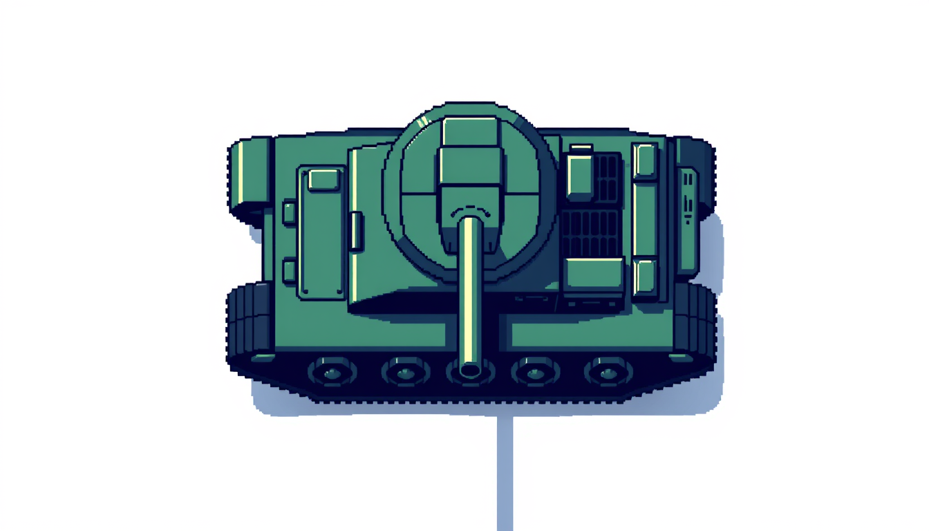Sprites idea: a single readable game sprite with a controlled silhouette, palette, scale, and viewing angle, deliberate composition, top-down arcade tank sprite, si