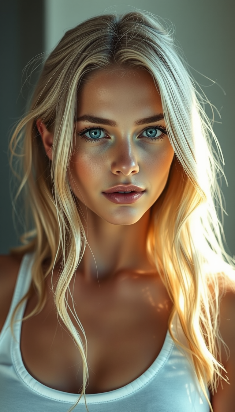 Realistic AI Image idea created from the prompt: photorealistic generated image, natural materials and skin texture, physically plausible lighting, Beautiful young woman, blonde hair, blue 
