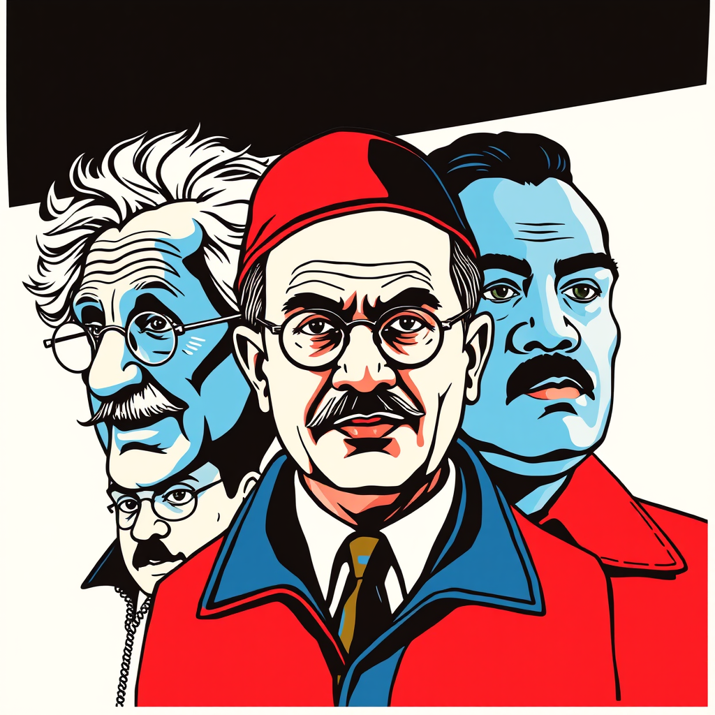 Main art studio: :writing{variant=“standard” id=“24781”} Einstein, Gandhi, Hitler and Michael Jackson, iconic recognizable faces, modern streetwear, funny expressions,