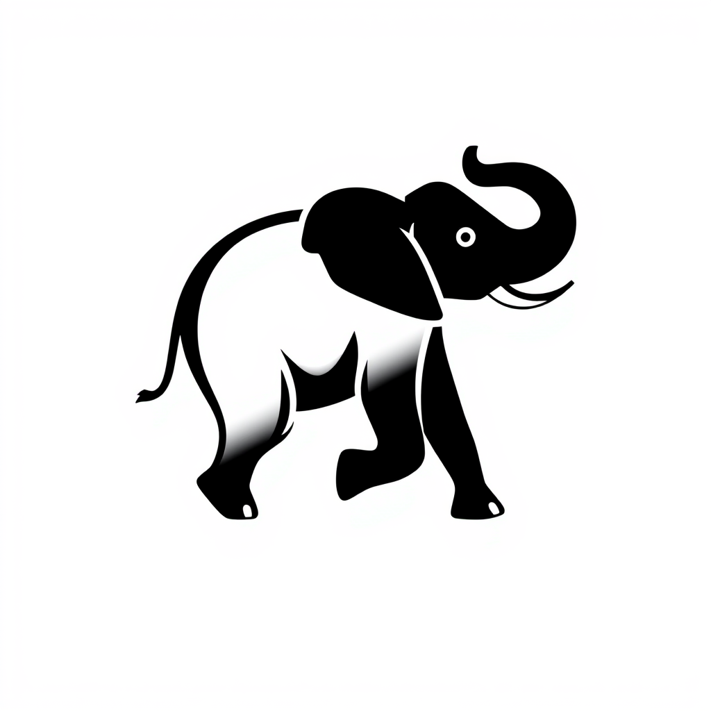Main art studio: Design a bold, iconic 2D animal emblem for Elephant Pay. A stylized elephant in a distinctive mid-step pose: slightly tilted, one rear leg raised, sub