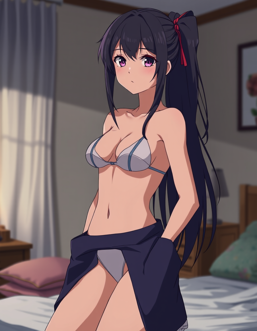 Anime Characters idea: an anime character with a legible silhouette, controlled costume language, and expressive face, deliberate composition, 23 year old girl in bedroom we