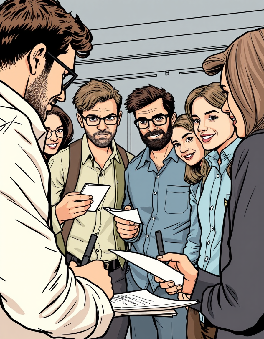 Main art studio: comic style. Ligne Claire. A team working together. With flipchart. someones are writing notes. Everybody ha a papercard in his hands. Friendly lookin