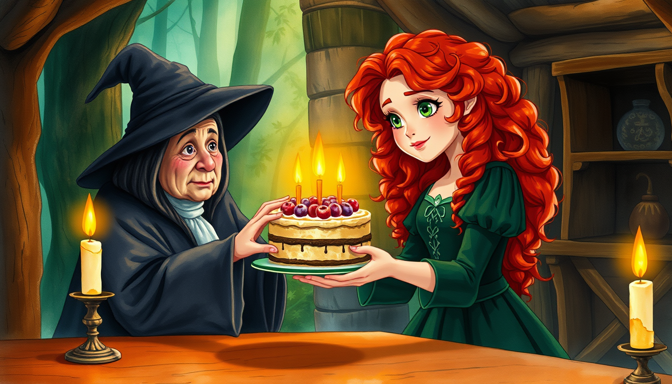 Main art studio: Merida, a teenage Scottish princess with long curly red hair, green eyes, and a dark green dress, receives a magical cake from an elderly woman witch
